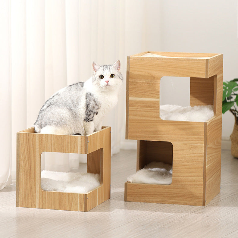 ふわふわクッションと爪とぎマット付きナチュラルウッドのスクエア型ハウス2448