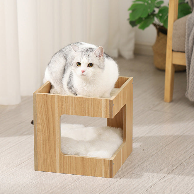 ふわふわクッションと爪とぎマット付きナチュラルウッドのスクエア型ハウス2448