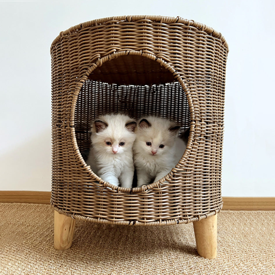 ラタン×ウッドの手織りキャットハウス2447