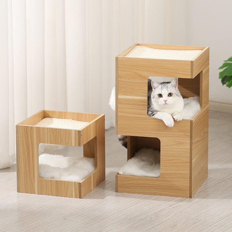 ふわふわクッションと爪とぎマット付きナチュラルウッドのスクエア型ハウス2448