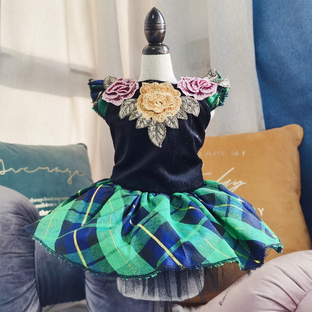 バラ刺繍チェックワンピース 2102
