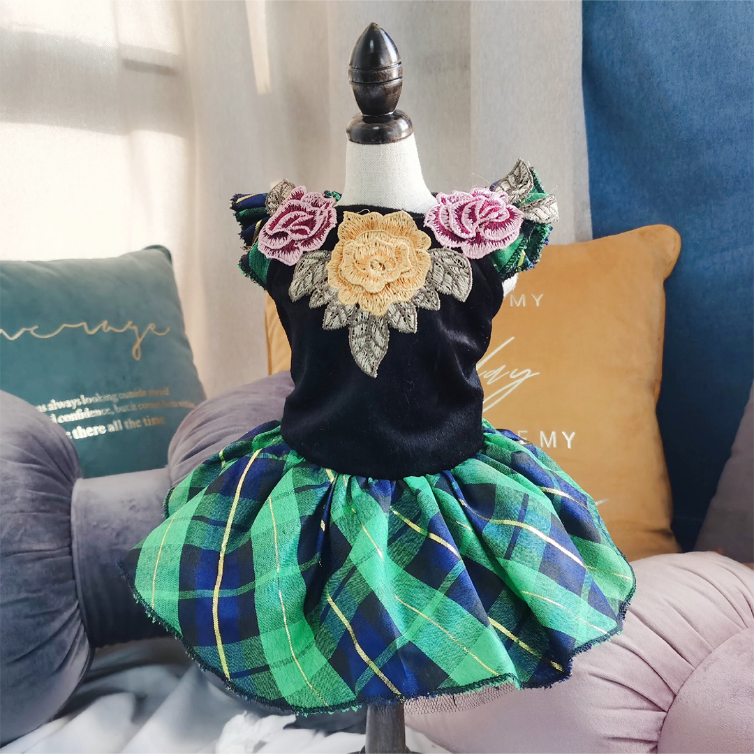 バラ刺繍チェックワンピース 2102
